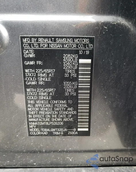 2020 Nissan Rogue S z USA, uszkodzony, nr VIN KNMAT2MT8LP526206